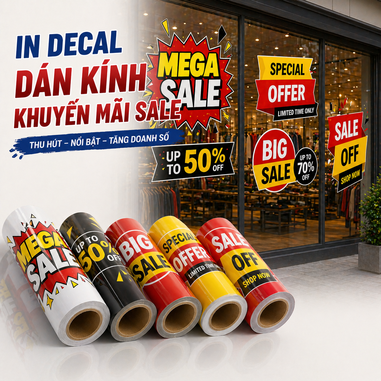 In Decal Dán Kính Khuyến Mãi Sale