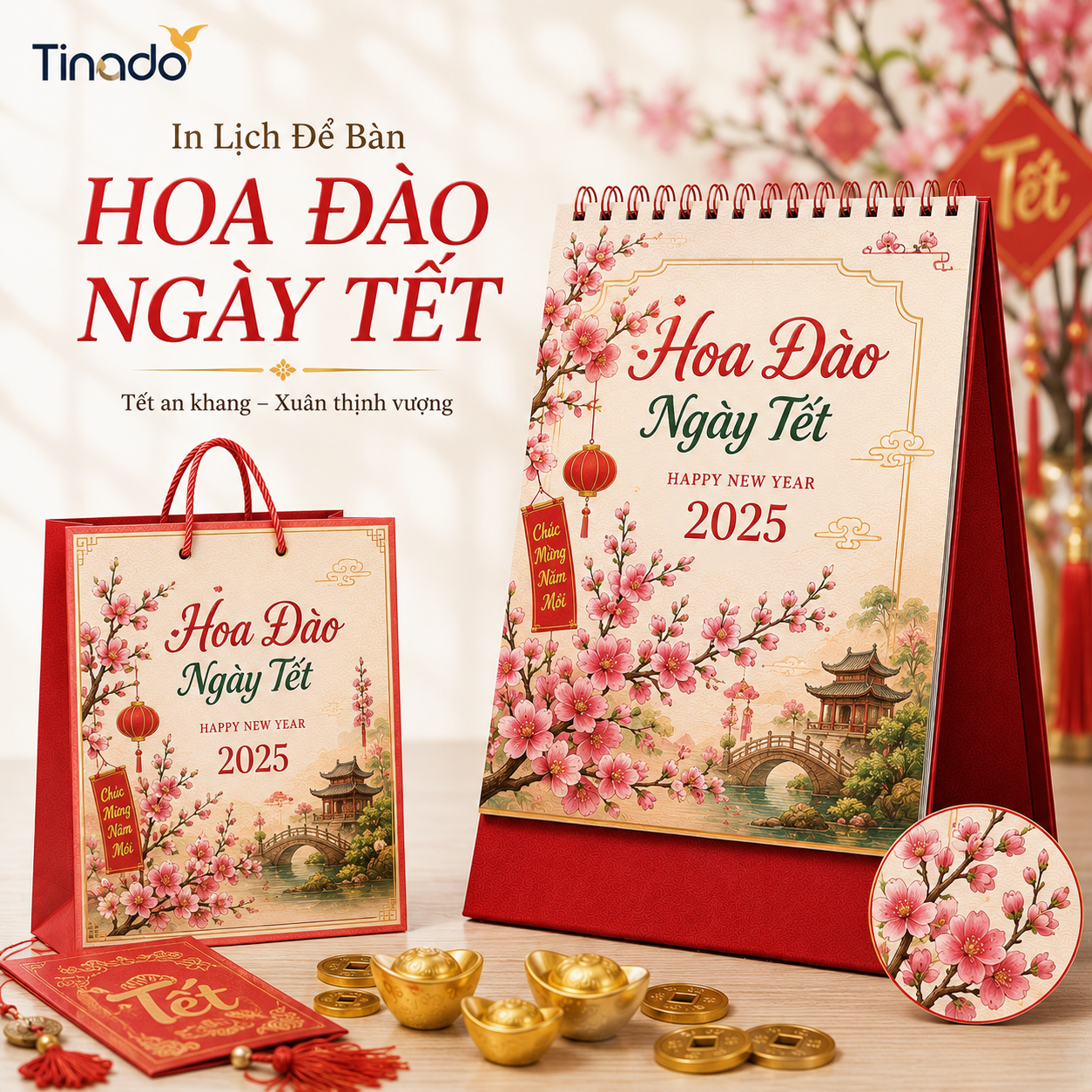 In Lịch Để Bàn Hoa Đào Ngày Tết