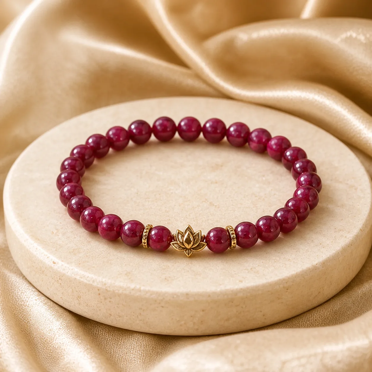 Vòng tay Ruby RB03 charm hoa sen trên nền đá kem