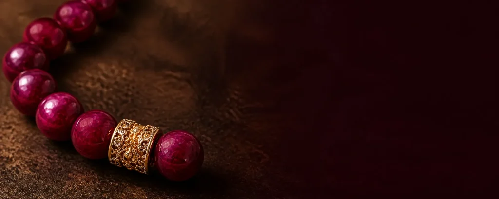 Cận cảnh vòng tay Ruby đỏ trên nền nâu tối