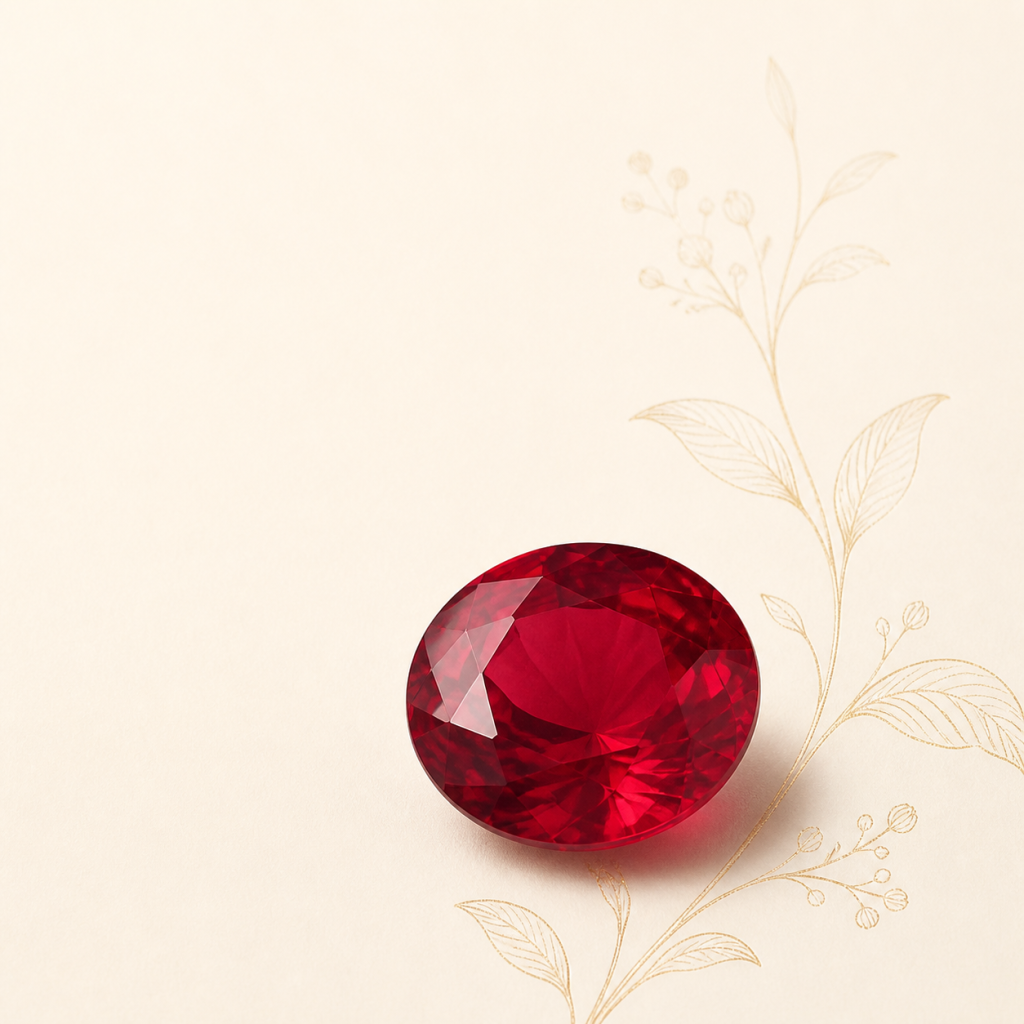 Viên đá Ruby đỏ mài giác trên nền kem