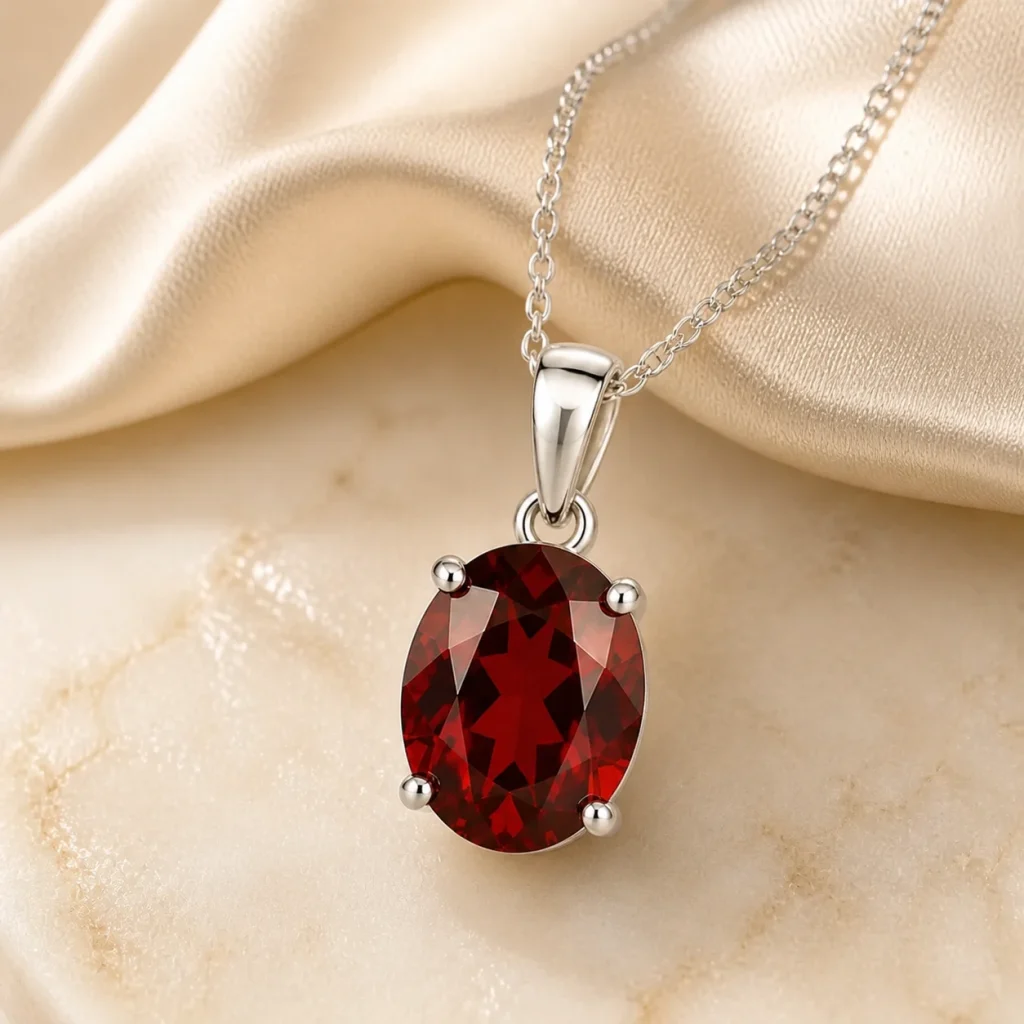 Cận cảnh mặt đá Garnet đỏ và dây chuyền bạc 925