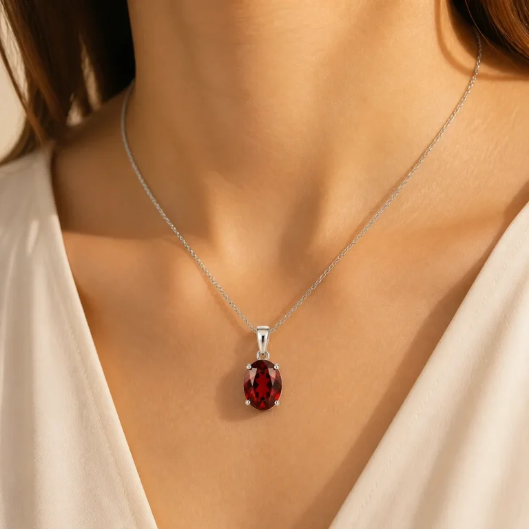 Dây chuyền Garnet bạc 925 được đeo ở cổ