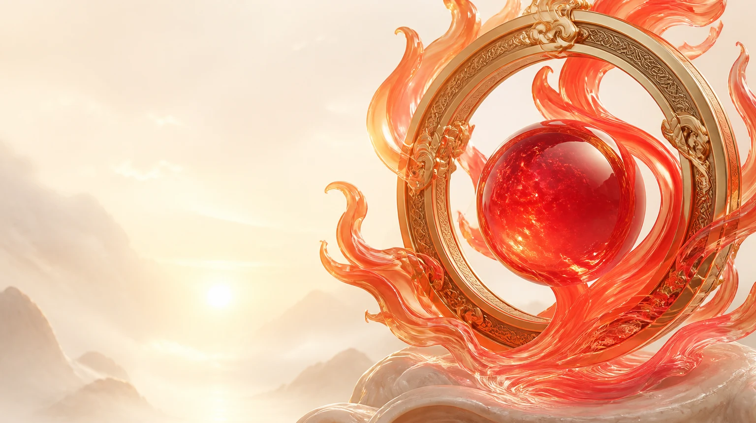 Ngọn lửa đỏ cam và quả cầu ruby đại diện cho Mệnh Hỏa