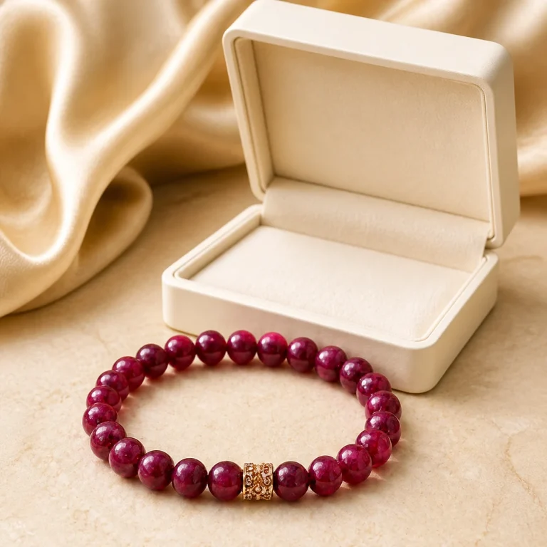 Vòng tay đá Ruby RB01 bên hộp đựng trang sức màu kem