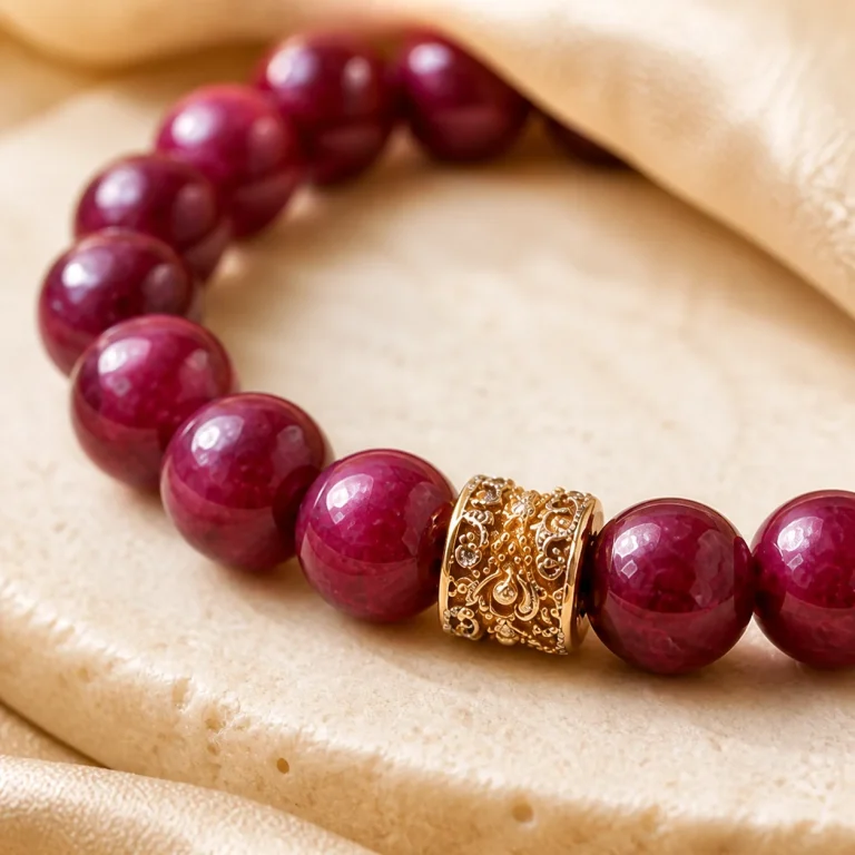 Cận cảnh hạt đỏ và chi tiết kim loại của vòng tay Ruby RB01
