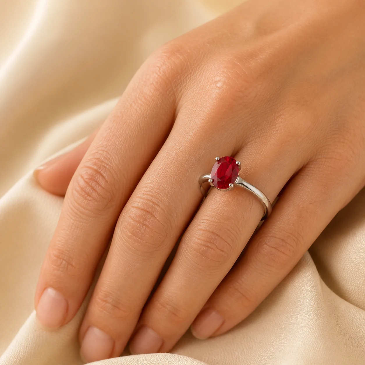Nhẫn Ruby đỏ được đeo trên bàn tay