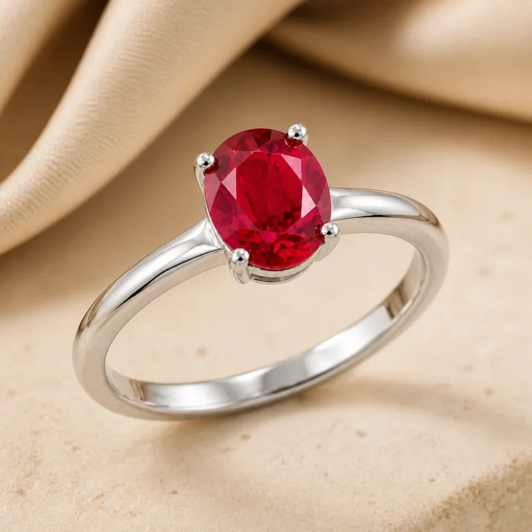Cận cảnh nhẫn Ruby đỏ với chấu và vòng nhẫn màu bạc